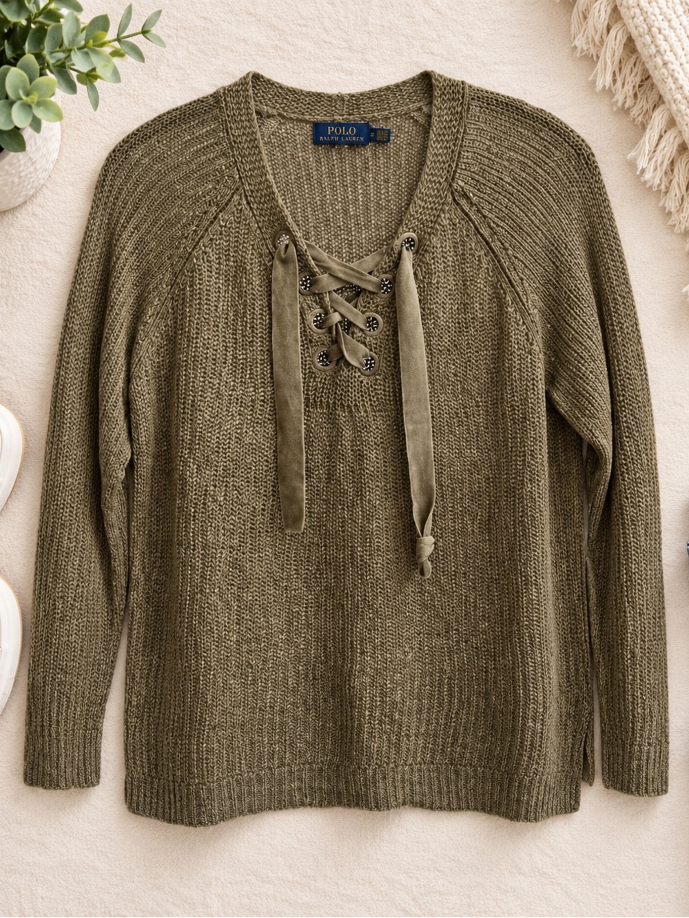 Polo by Ralph Lauren Olive Lace-Up V-Neck Sweater